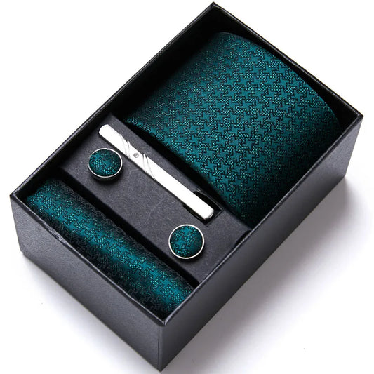 Complete Your Look: Top-Quality Business Ties & Accessories Set for Men - Elevate Your Style with Green Necktie Corbatas, Hanky, Cufflinks, and Tie Clips - Perfect for Weddings, Presented in a Stylish Gift Box