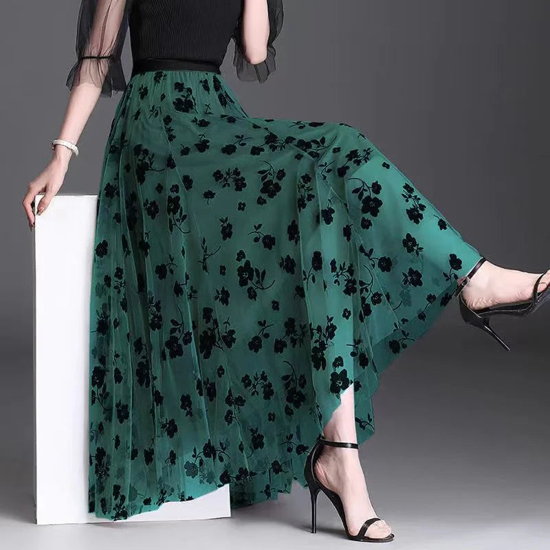 Floral Elegance: Mesh Floral Skirt for Women 2024 Autumn/Winter - Lace Flocking, Big Swing, Elastic High Waisted Fashion
