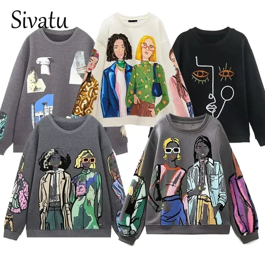 TRAF Women Sweatshirt 2024: New Fashion Beauty Girls Print Casual Pullover
