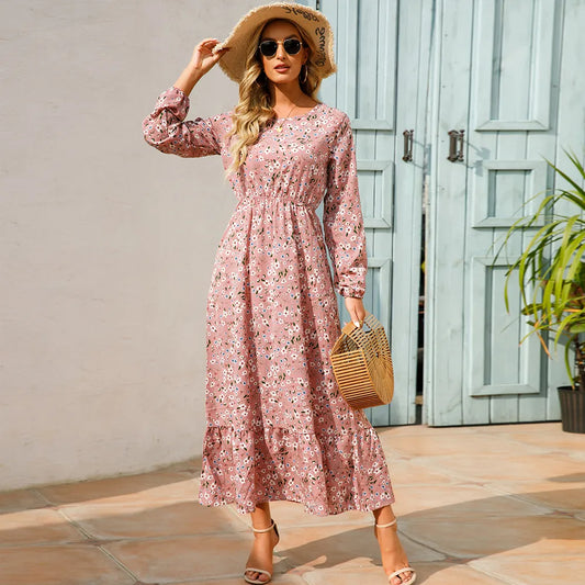 2024 Spring Summer Bohemian Women Maxi Dress: Casual Long Sleeve High Waist Beach Chiffon Dresses Floral Vestidos Mujer Ne