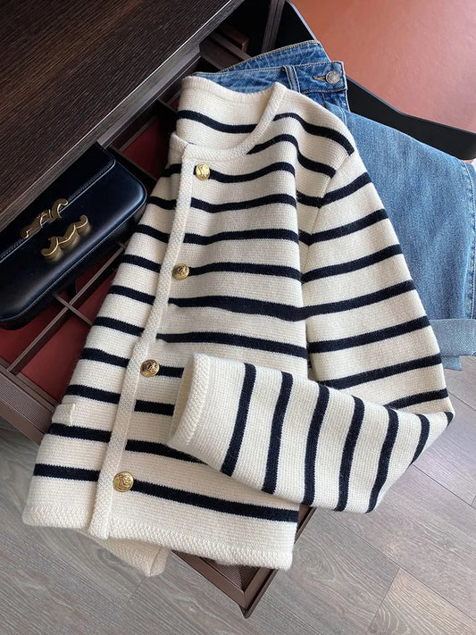Chic Striped Polyester Blazer: Your Go-to Office Lady Attire for Autumn/Winter!